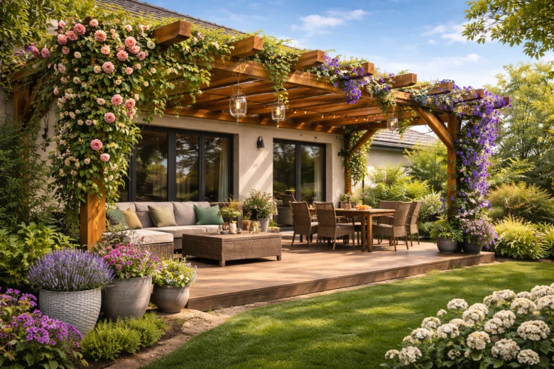Dřevěná zahradní pergola s rostoucími růžemi nad venkovním posezením.