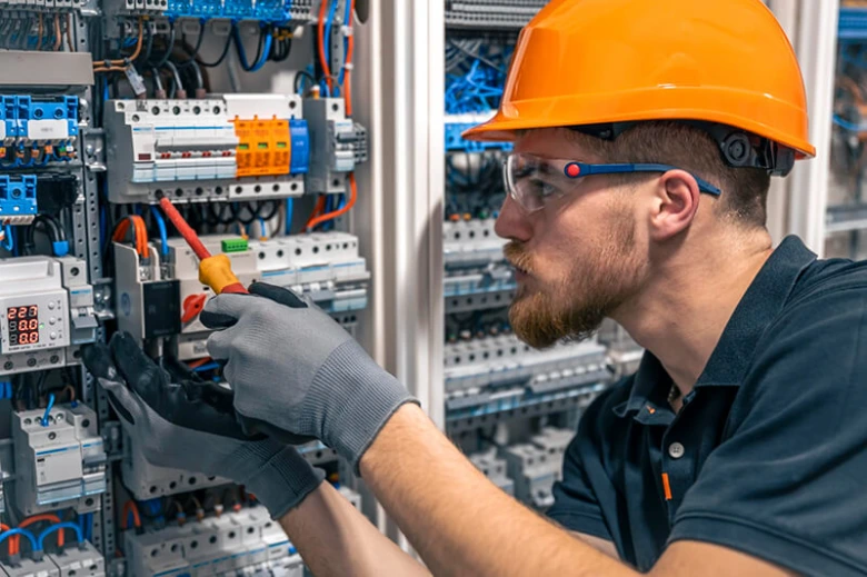 Elektrikář opravuje rozvaděč v pražské službě.