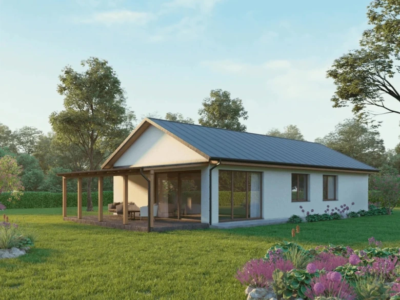 Moderní bílý bungalov s terasou v zelené zahradě