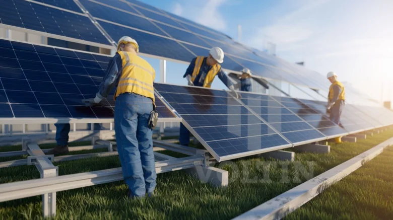 Workers installing solar panels