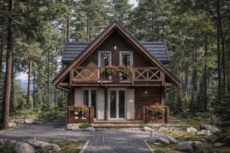 Dřevěná chata v lese s balkony a květinovými boxy.