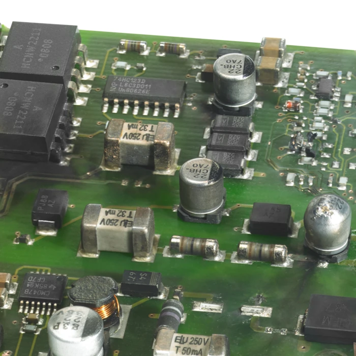 Zelená deska s elektronickými součástkami pro přepěťovou ochranu.