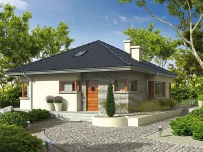 Modernní jednopatrový bungalov s tmavou střechou v zeleném prostředí.