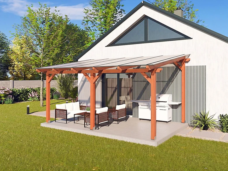 Moderní dřevěná pergola na zahradu s posezením a grilováním.