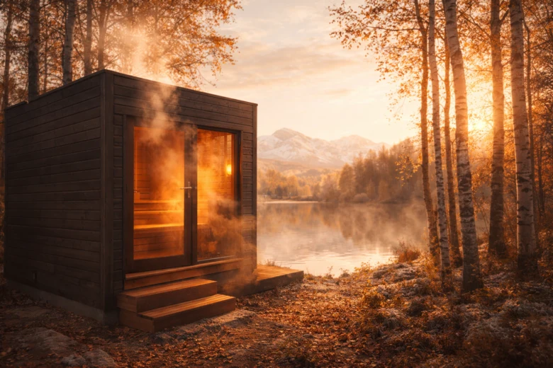 Sauna v lese u jezera s horkým vzduchem venku.