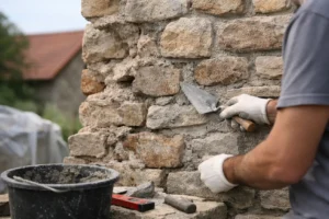 Stavební práce s kamenem při stavbě kamenné zdi.