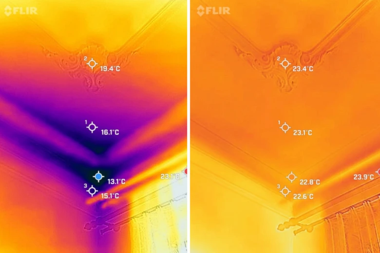 Termokamera ukazuje zateplené stěny s teploměry a studenými místy.