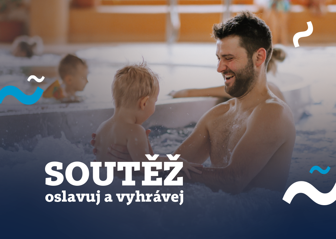 Otec s dítětem v bazénu, rodinná zábava ve vodě.