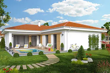 Moderní bílý bungalov tvaru L s bazénem a zahradou.