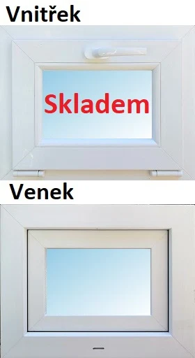 Bílé plastové okno zvnitř i zevně s nápisem skladem