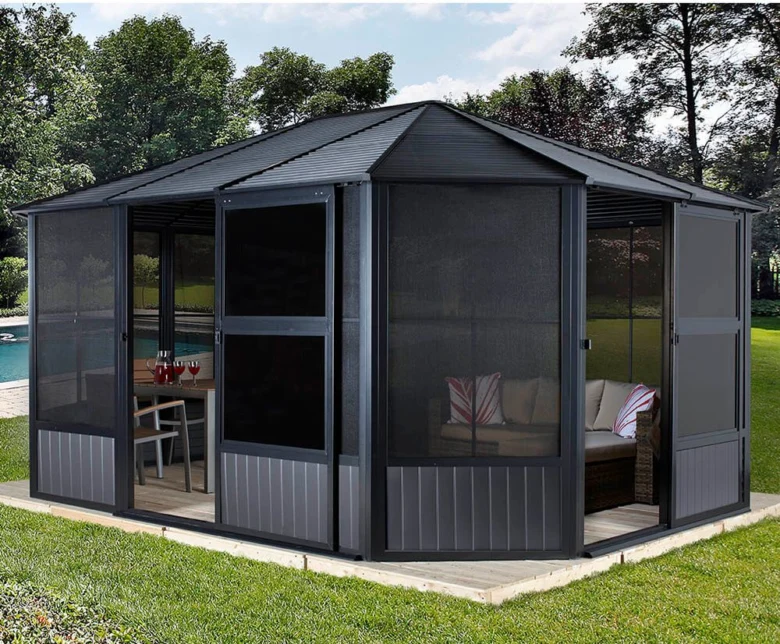 Moderná zahradní pergola s posezením u bazénu