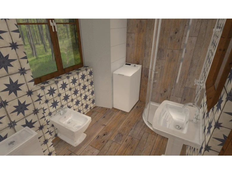 Nově zrekonstruovaná koupelna s dlažbou, dřevem a moderní sanitou.