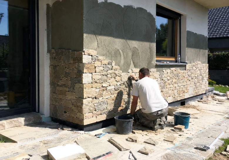 Stavebník nanáší tepelně izolační omítku na kamennou fasádu.