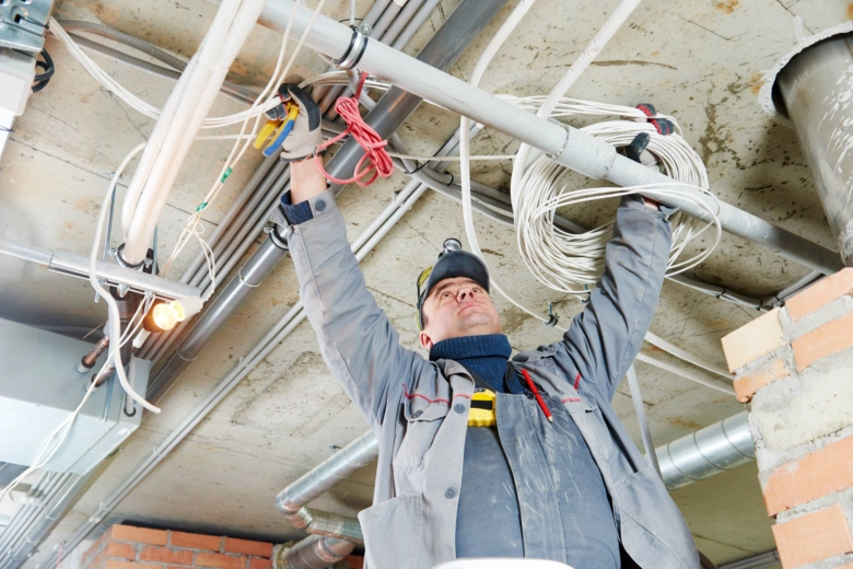 Elektrikář pracuje s kabely v budově při instalaci.