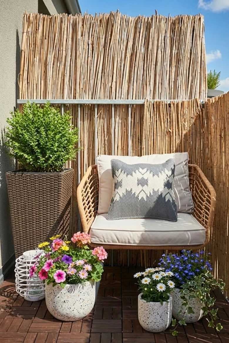 Balkon s dřevěnou podlahou a ratánovým křeslem mezi kvetoucími rostlinami.
