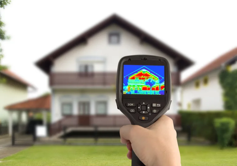 Termokamera ukazuje tepelné ztráty na stropu pro kontrolu izolace.