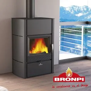 Modern wood stove with fire and mountain view background