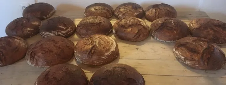 Čerstvé pečené chlebové bochníky na dřevěném prknu.