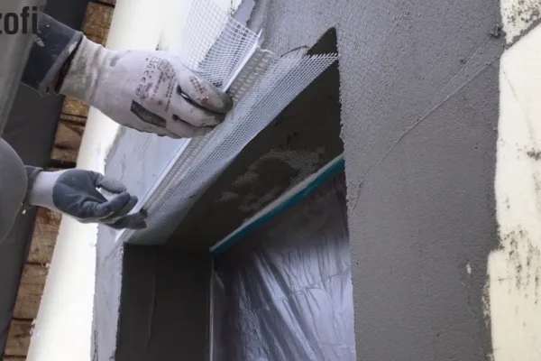 Instalace tepelně izolačních špalet kolem okna s mřížkou.