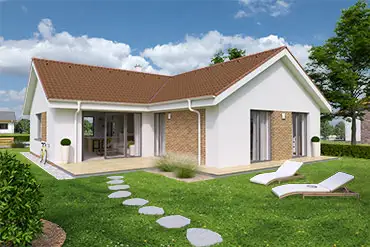 Moderní bílý bungalov ve tvaru L s kamennými prvky.