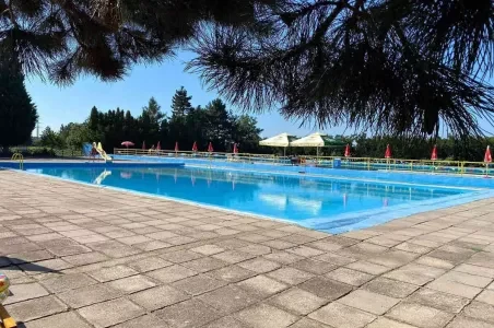 Venkovní bazén s modrou vodou pod stromy na slunci.