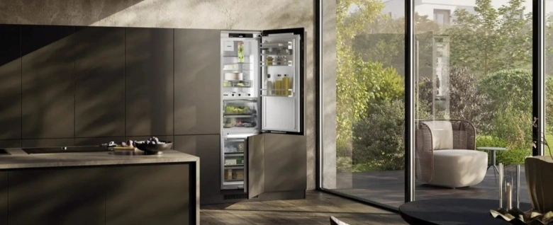 Built-in refrigerator open in modern kitchen