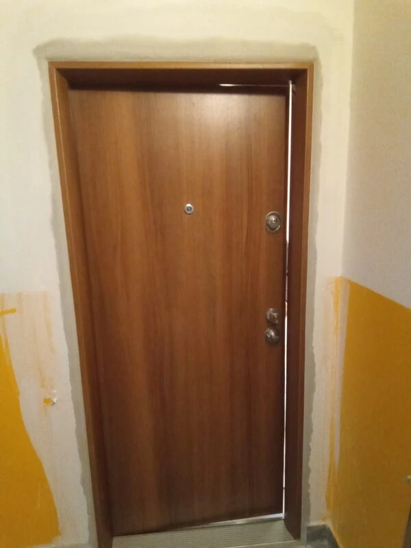 Wooden apartment door with frame and hardware