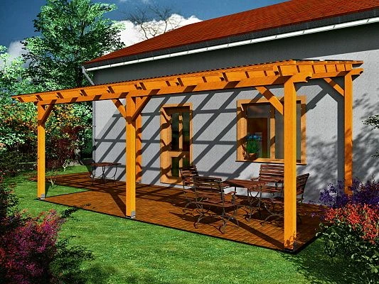 Dřevěná pergola na zahradu s venkovním posezením u domu.