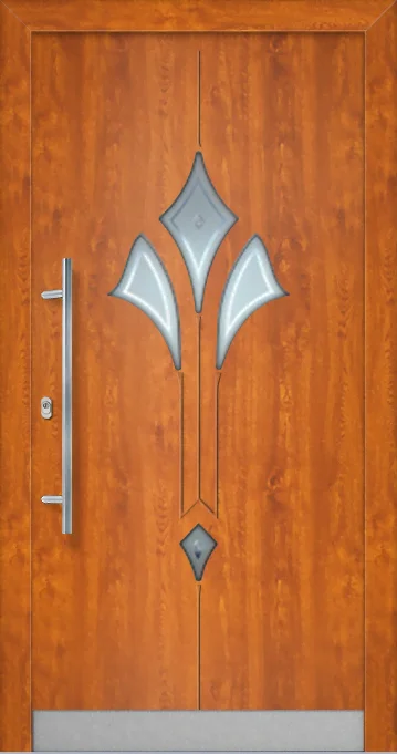 Wooden front door with metal accents