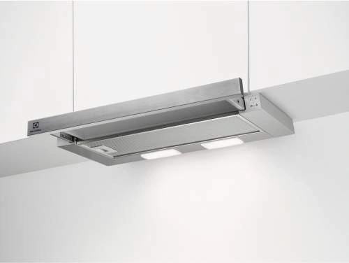 Nerezový digestoř o šířce 60 cm s vestavěným osvětlením.