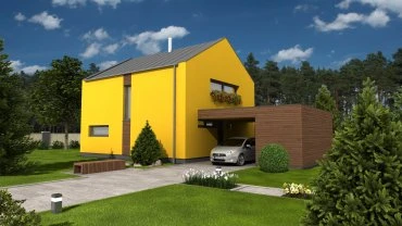 Moderní žlutý dům s garáží pro automobil v zeleném okolí.