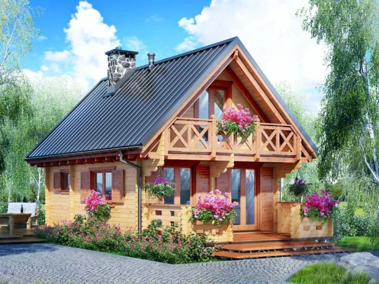 Dřevěná chata s kvetoucími rostlinami vhodná k celoročnímu bydlení.